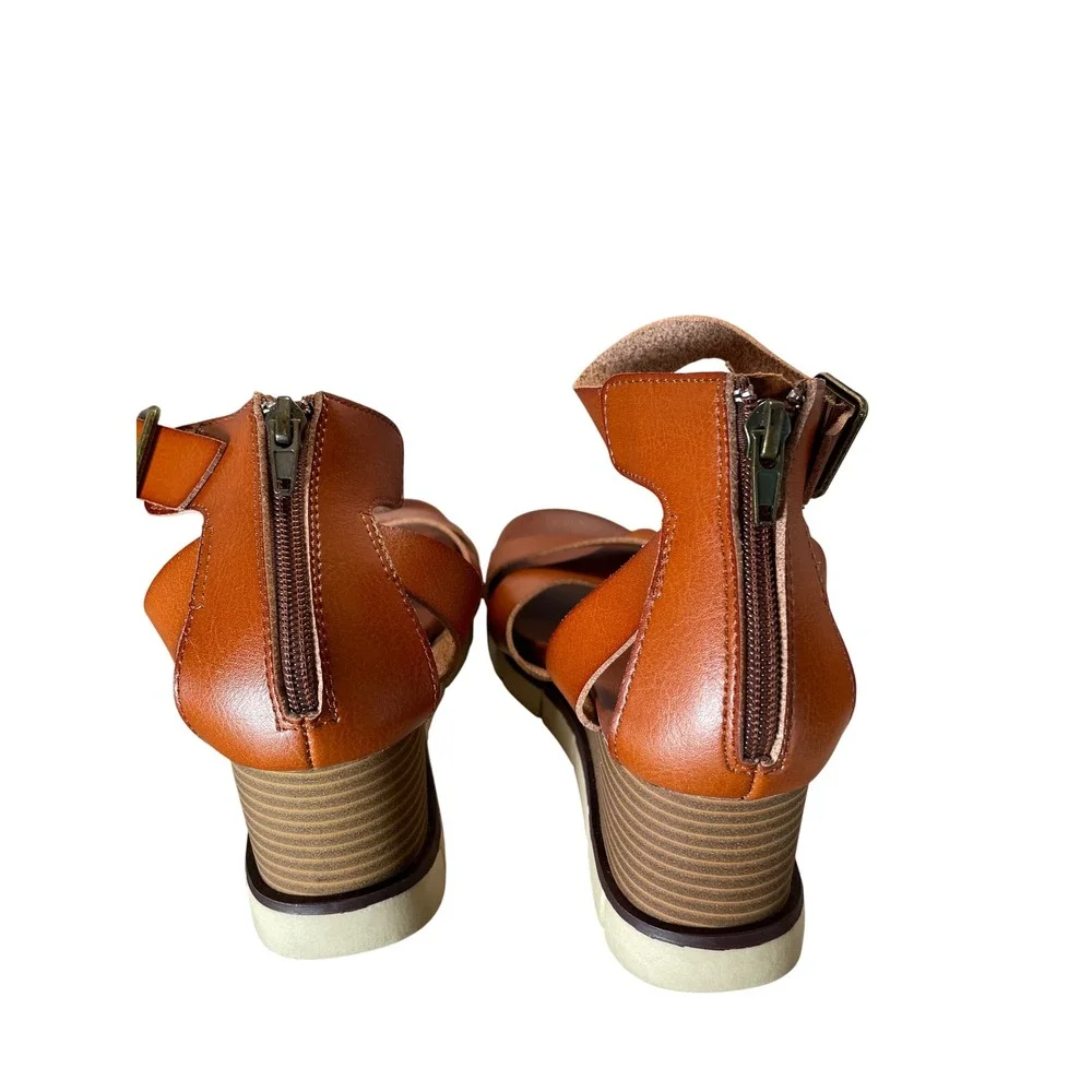 MIA Lauri Cognac Brown Ankle Strap Wedge Sandals MH0021A Size 9
